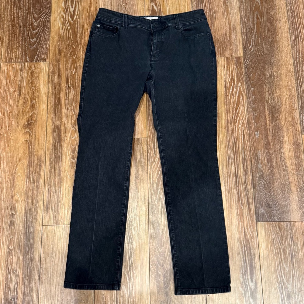 Chicos Platinum Jeans Womens 1 Regular Black‎ Straight Leg Embroidered Pockets